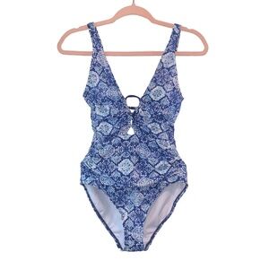 LAUREN RalphLauren Size 10 Aegean Tile Tummy-Control Blue One-Piece Swimsuit